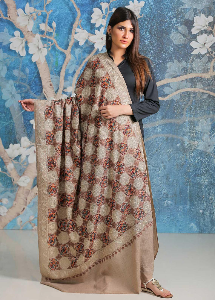 Sanaulla Exclusive Range Embroidered Pashmina  Shawl SU21PP AKP-02 Fawn-1 - Pure Pashmina Shawls