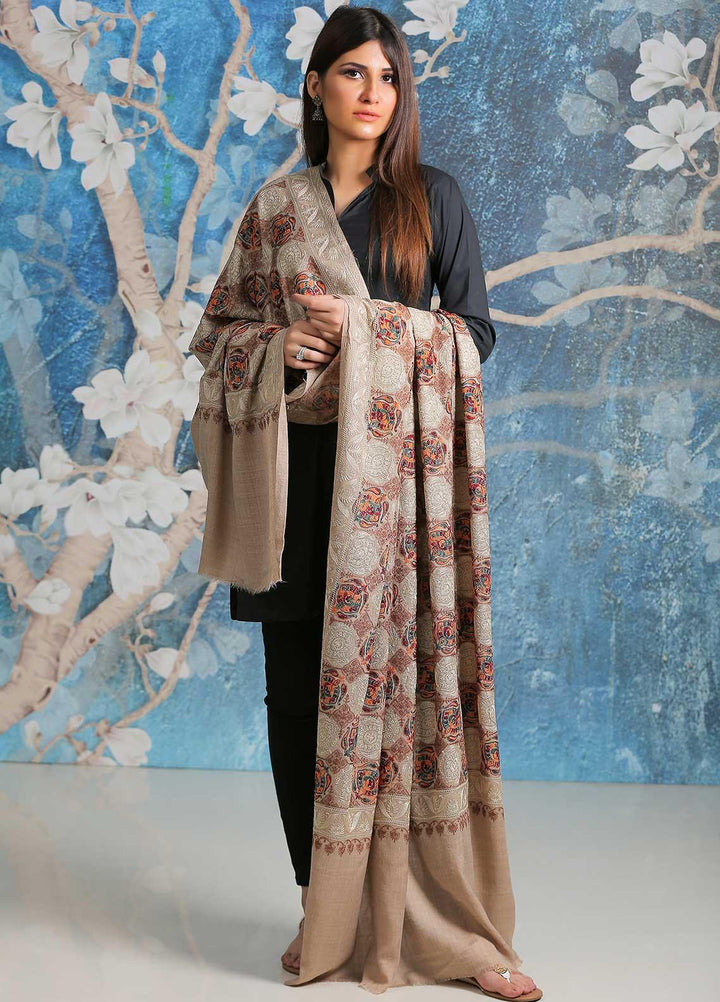 Sanaulla Exclusive Range Embroidered Pashmina  Shawl SU21PP AKP-02 Fawn-1 - Pure Pashmina Shawls