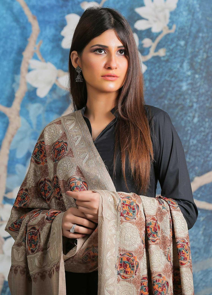 Sanaulla Exclusive Range Embroidered Pashmina  Shawl SU21PP AKP-02 Fawn-1 - Pure Pashmina Shawls
