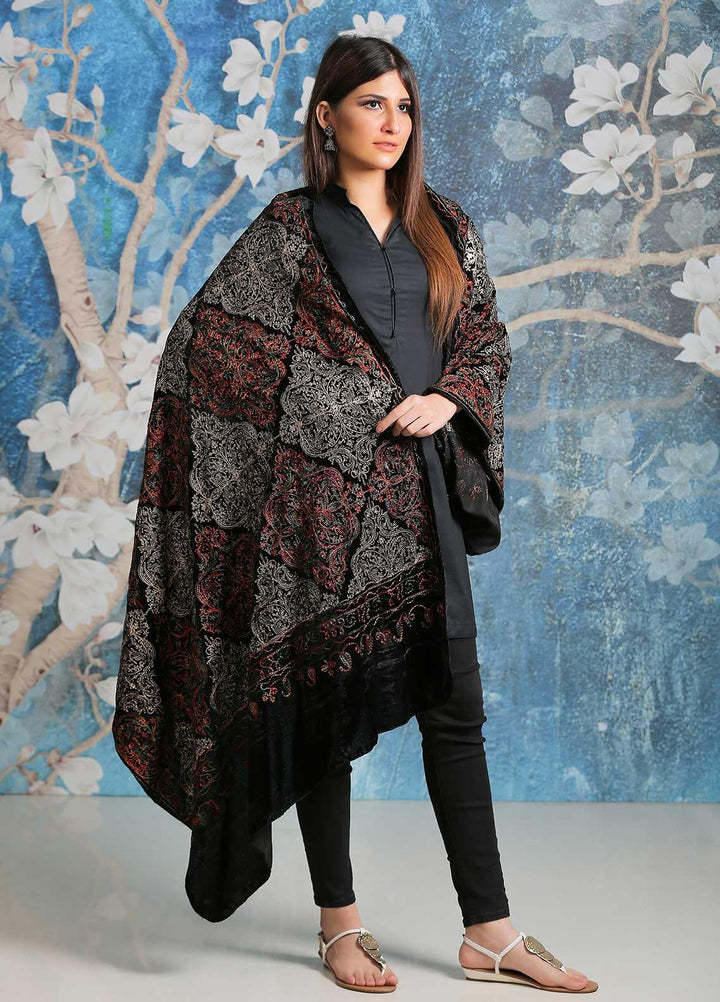 Sanaulla Exclusive Range Embroidered Pashmina  Shawl SU21PP AKP-03 Black - Pure Pashmina Shawls