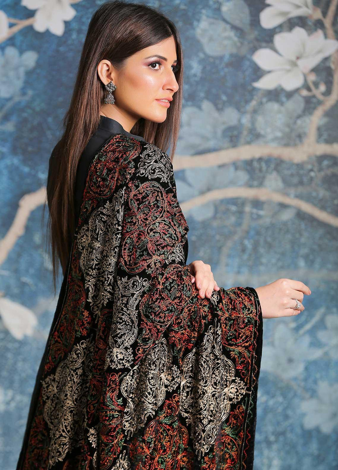 Sanaulla Exclusive Range Embroidered Pashmina  Shawl SU21PP AKP-03 Black - Pure Pashmina Shawls