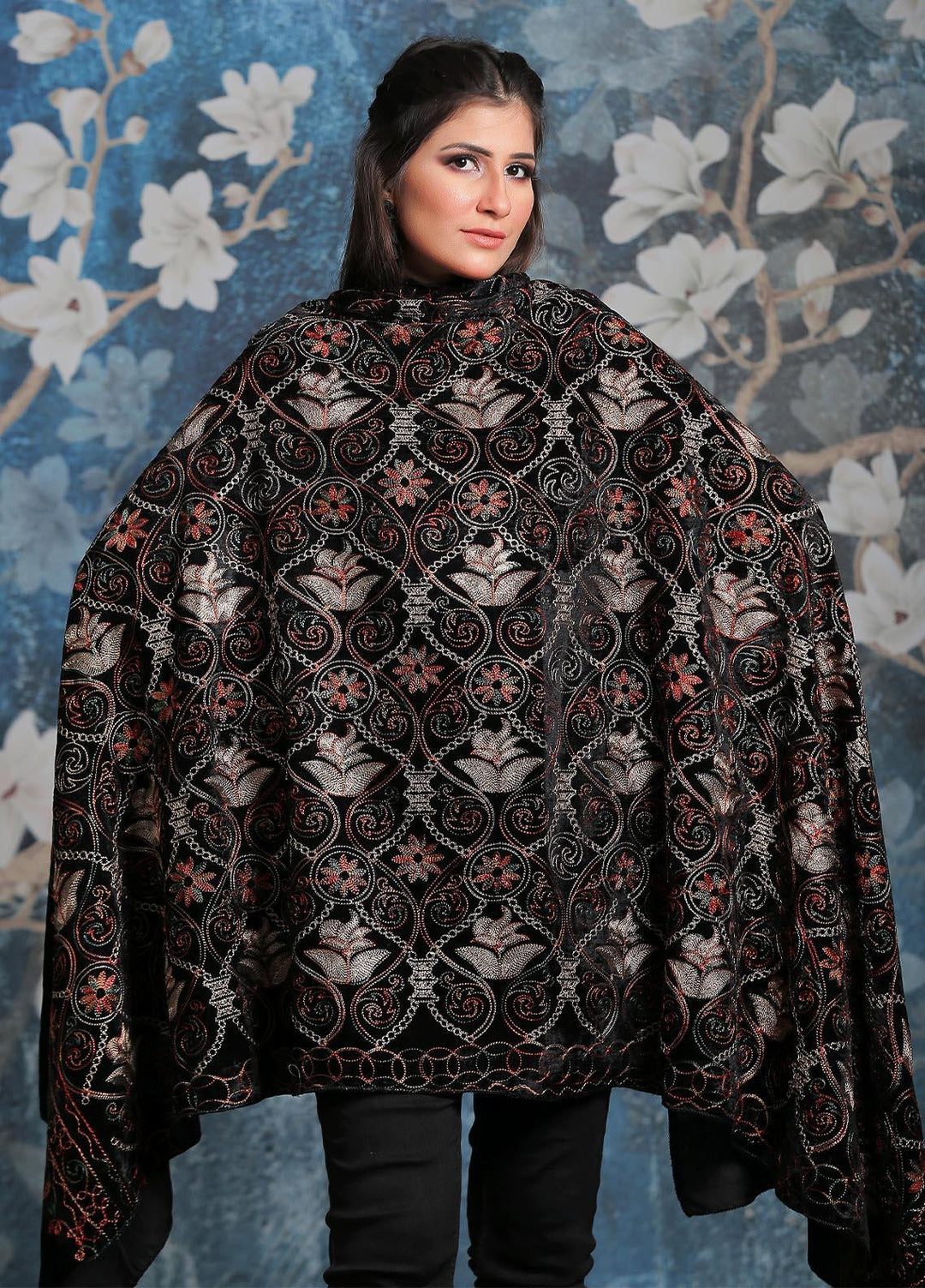 Sanaulla Exclusive Range Embroidered Pashmina  Shawl AKP-03 Blue-2 - Pashmina Shawls