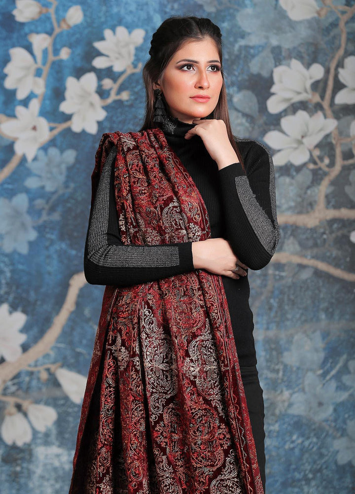 Sanaulla Exclusive Range Embroidered Pashmina  Shawl AKP-03 Maroon - Pashmina Shawls