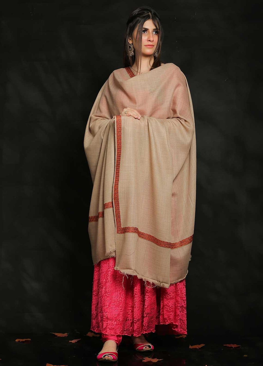 Sanaulla Exclusive Range Embroidered Pashmina  Shawl AKP-04 Beige-2 - Pashmina Shawls