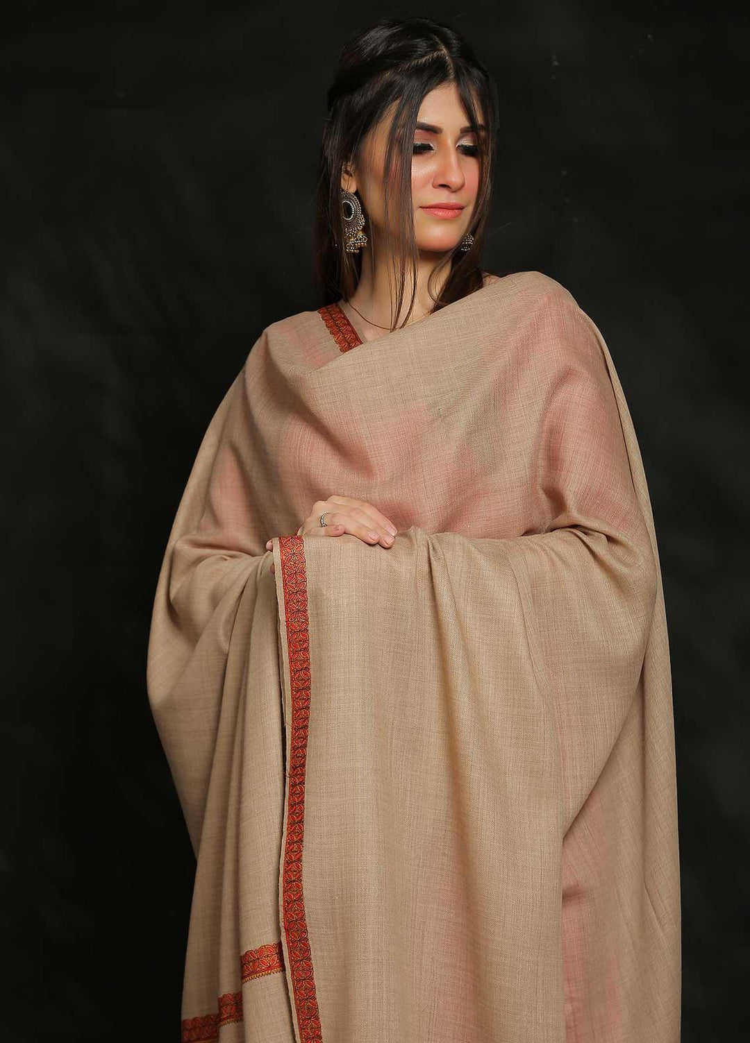 Sanaulla Exclusive Range Embroidered Pashmina  Shawl AKP-04 Beige-2 - Pashmina Shawls