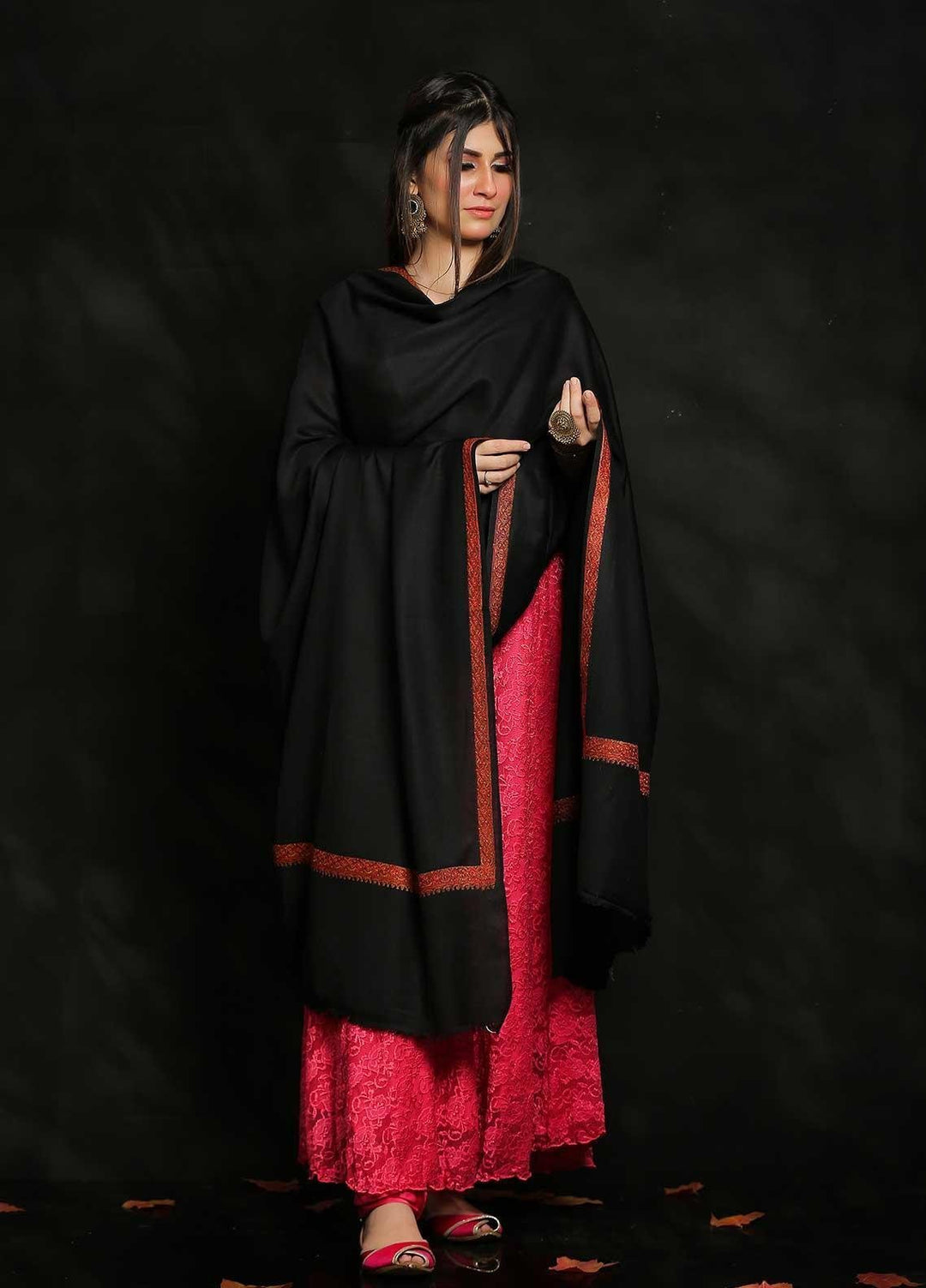 Sanaulla Exclusive Range Embroidered Pashmina  Shawl AKP-04 Black - Pashmina Shawls