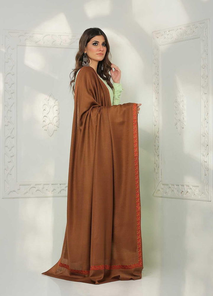 Sanaulla Exclusive Range Embroidered Pashmina  Shawl AKP-04 Brown-3 - Pashmina Shawls