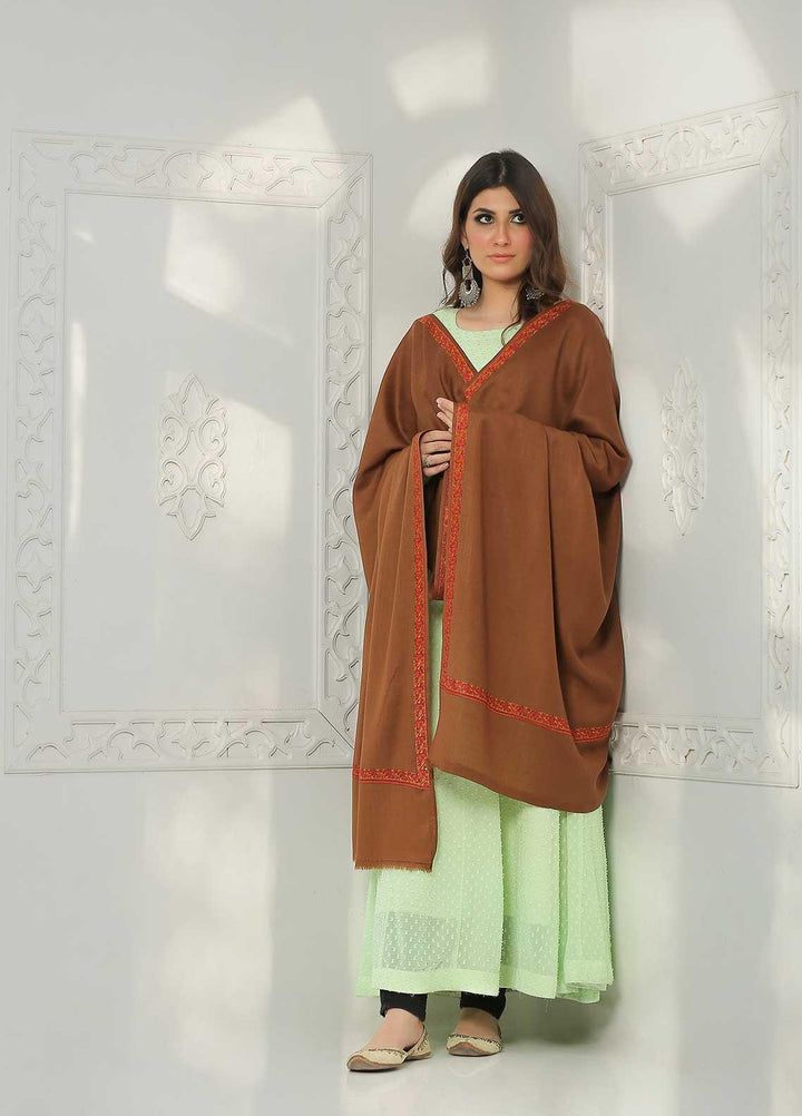 Sanaulla Exclusive Range Embroidered Pashmina  Shawl AKP-04 Brown-3 - Pashmina Shawls