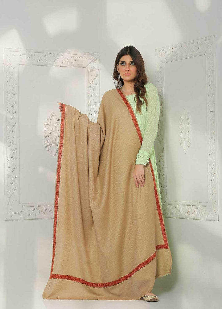 Sanaulla Exclusive Range Embroidered Pashmina  Shawl AKP-04 Fawn-2 - Pashmina Shawls