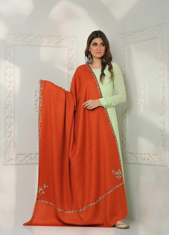 Sanaulla Exclusive Range Embroidered Pashmina  Shawl AKP-05 Orange - Pashmina Shawls