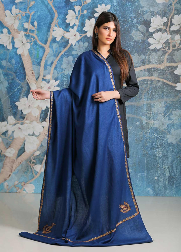 Sanaulla Exclusive Range Embroidered Pashmina  Shawl SU21PP AKP-05 R Blue - Pure Pashmina Shawls