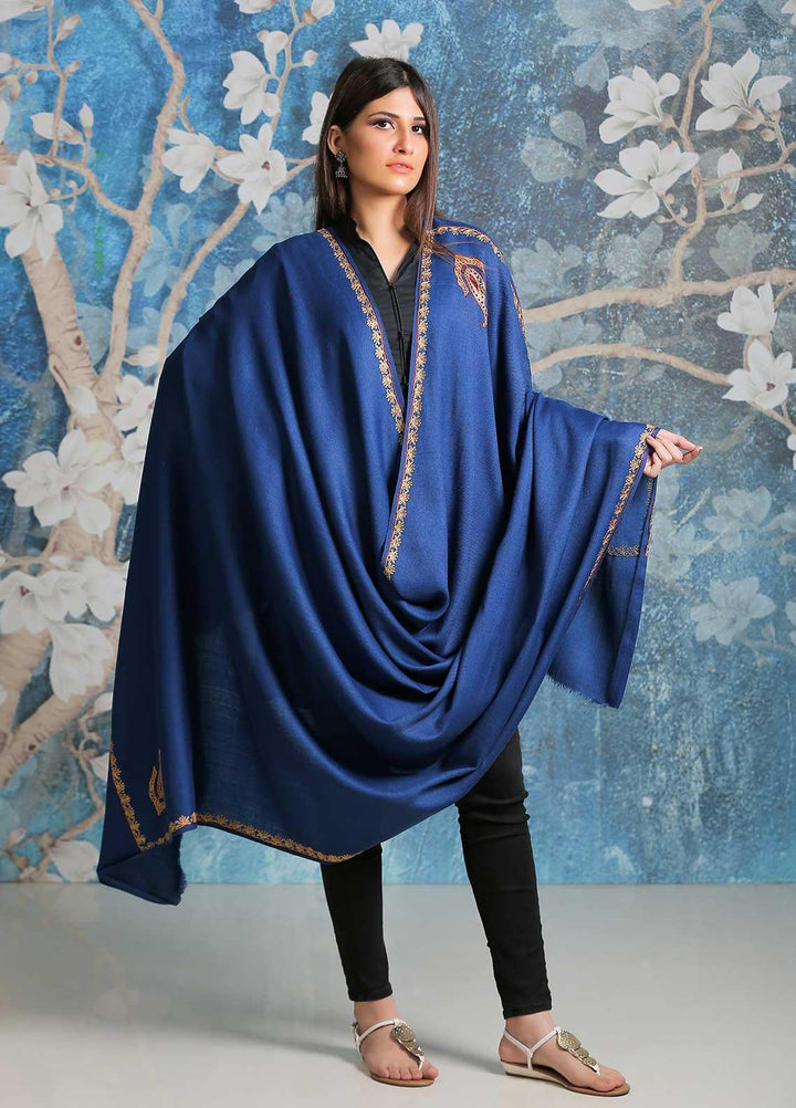 Sanaulla Exclusive Range Embroidered Pashmina  Shawl SU21PP AKP-05 R Blue - Pure Pashmina Shawls
