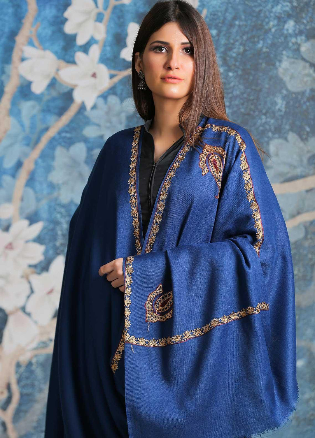 Sanaulla Exclusive Range Embroidered Pashmina  Shawl SU21PP AKP-05 R Blue - Pure Pashmina Shawls