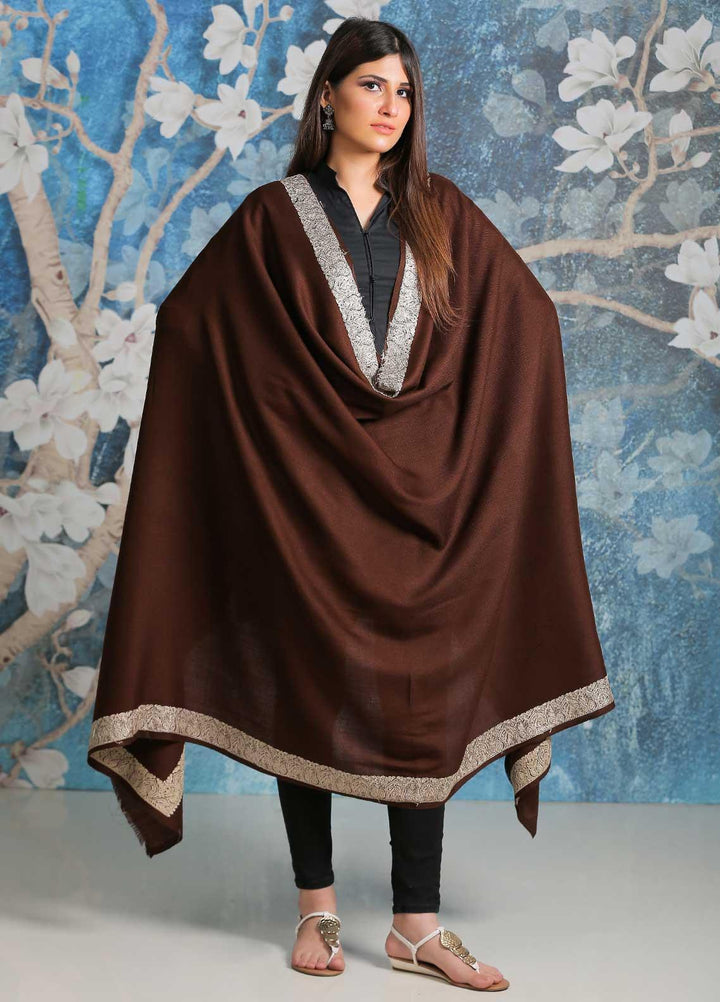Sanaulla Exclusive Range Embroidered Pashmina  Shawl SU21PP AKP-06 D Brown - Pure Pashmina Shawls