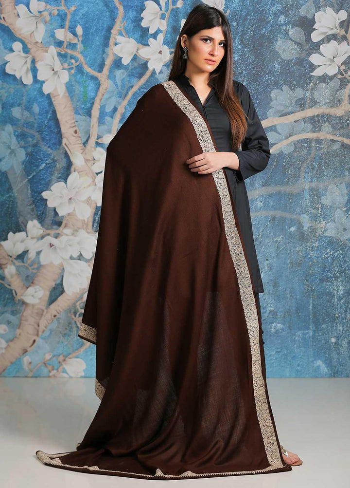 Sanaulla Exclusive Range Embroidered Pashmina  Shawl SU21PP AKP-06 D Brown - Pure Pashmina Shawls