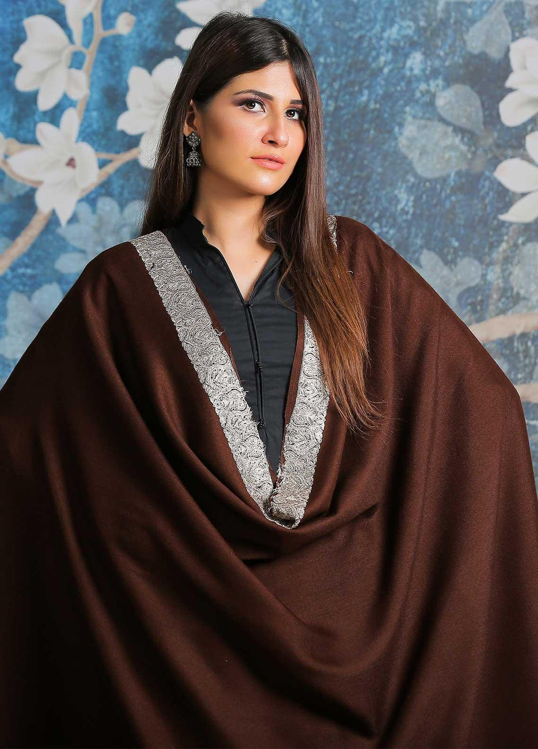 Sanaulla Exclusive Range Embroidered Pashmina  Shawl SU21PP AKP-06 D Brown - Pure Pashmina Shawls