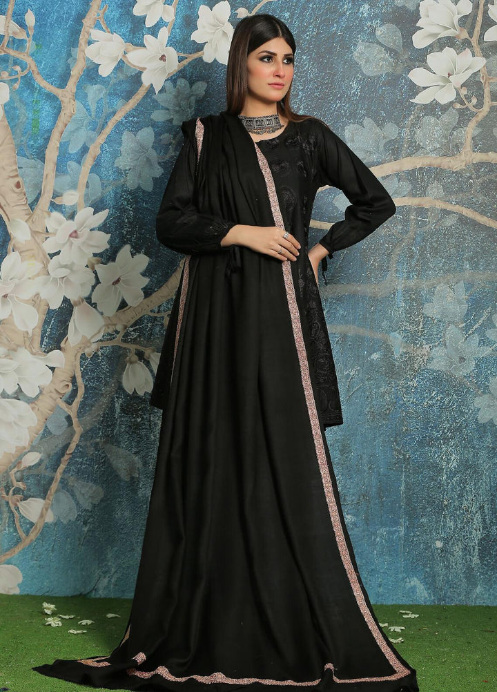 Sanaulla Exclusive Range Embroidered Pashmina  Shawl AKP-07 Black-1 - Pashmina Shawls