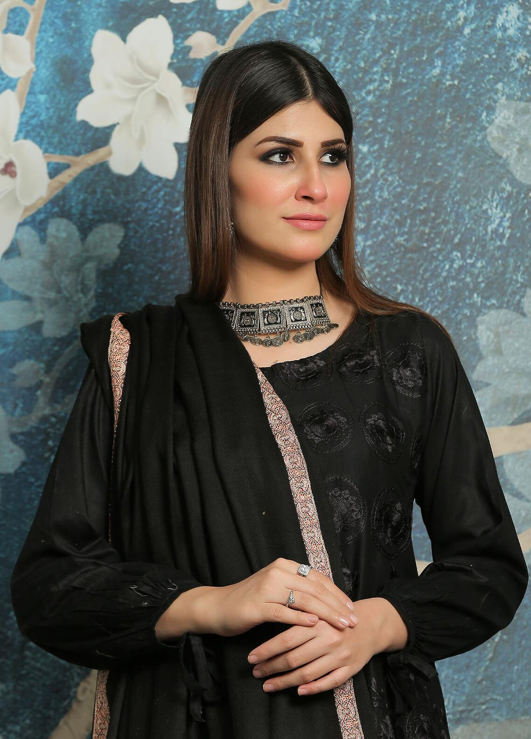 Sanaulla Exclusive Range Embroidered Pashmina  Shawl AKP-07 Black-1 - Pashmina Shawls