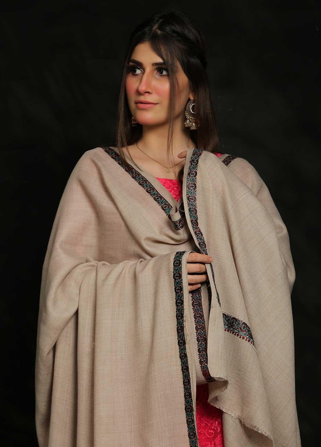 Sanaulla Exclusive Range Embroidered Pashmina  Shawl AKP-07 Grey-2 - Pashmina Shawls