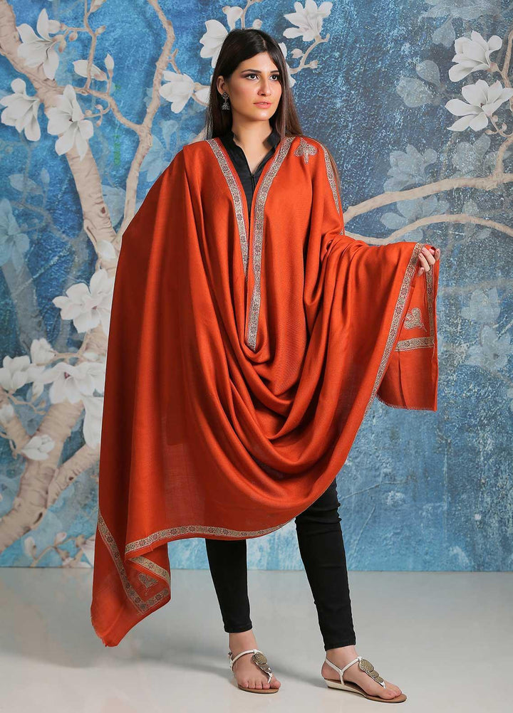 Sanaulla Exclusive Range Embroidered Pashmina  Shawl SU21PP AKP-07 Orange - Pure Pashmina Shawls