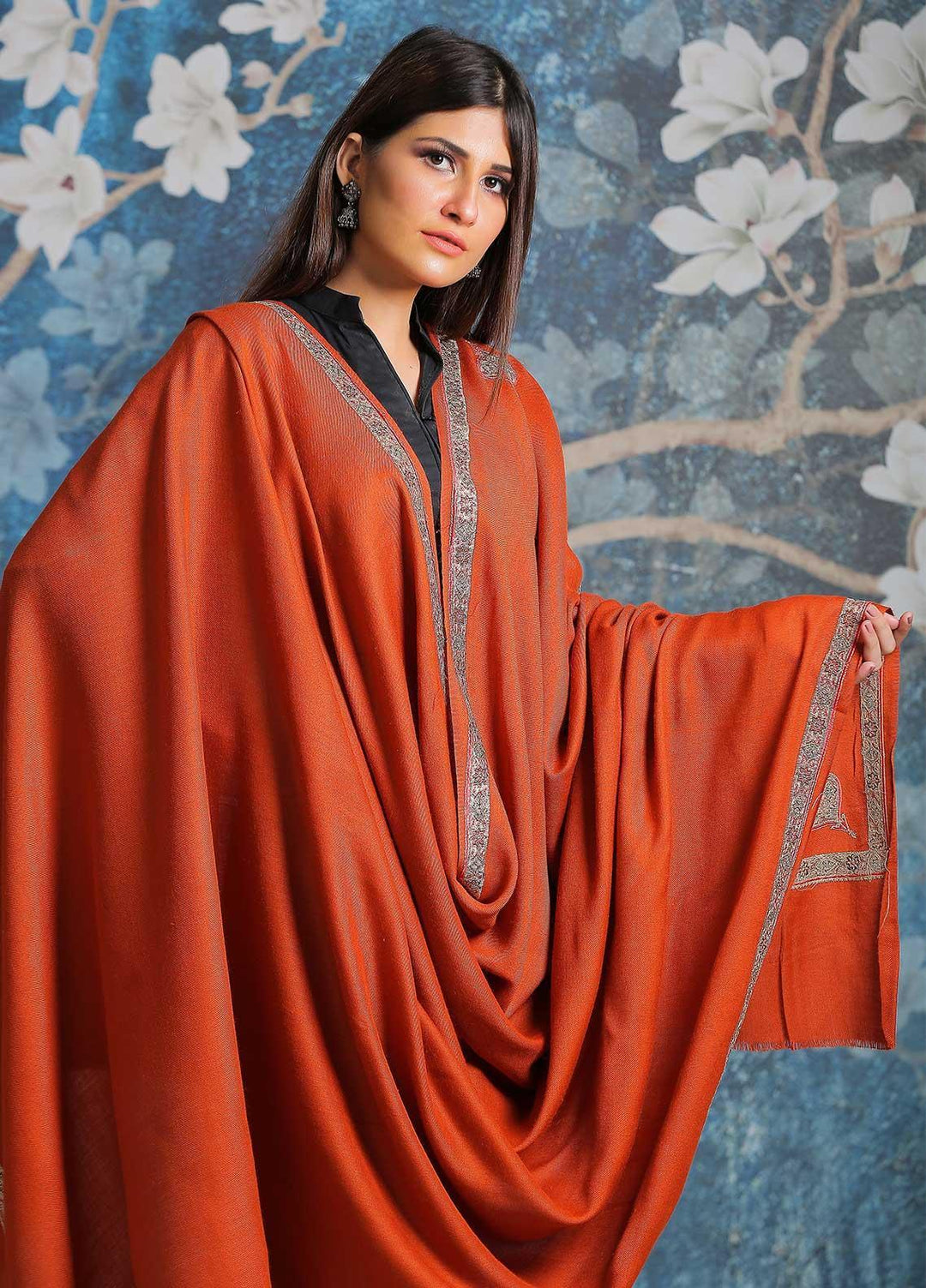 Sanaulla Exclusive Range Embroidered Pashmina  Shawl SU21PP AKP-07 Orange - Pure Pashmina Shawls