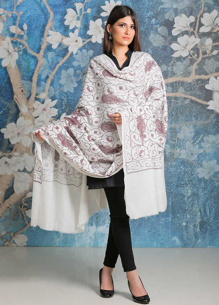 Sanaulla Exclusive Range Embroidered Pashmina  Shawl SU21PP AKP-08 Off White-1 - Pure Pashmina Shawls