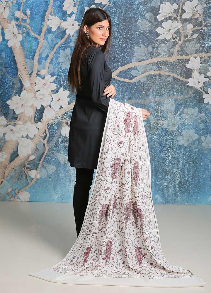 Sanaulla Exclusive Range Embroidered Pashmina  Shawl SU21PP AKP-08 Off White-1 - Pure Pashmina Shawls