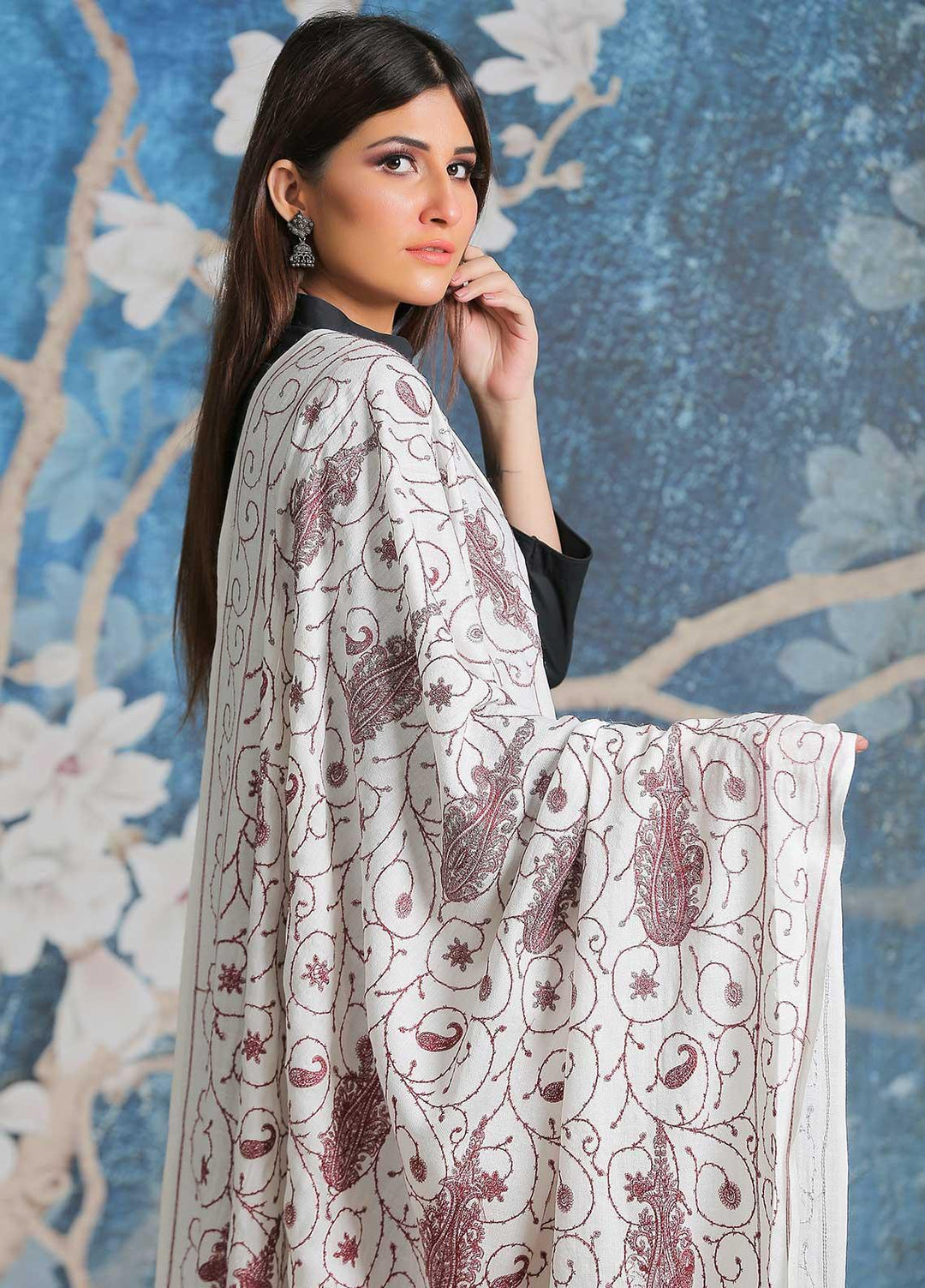 Sanaulla Exclusive Range Embroidered Pashmina  Shawl SU21PP AKP-08 Off White-1 - Pure Pashmina Shawls