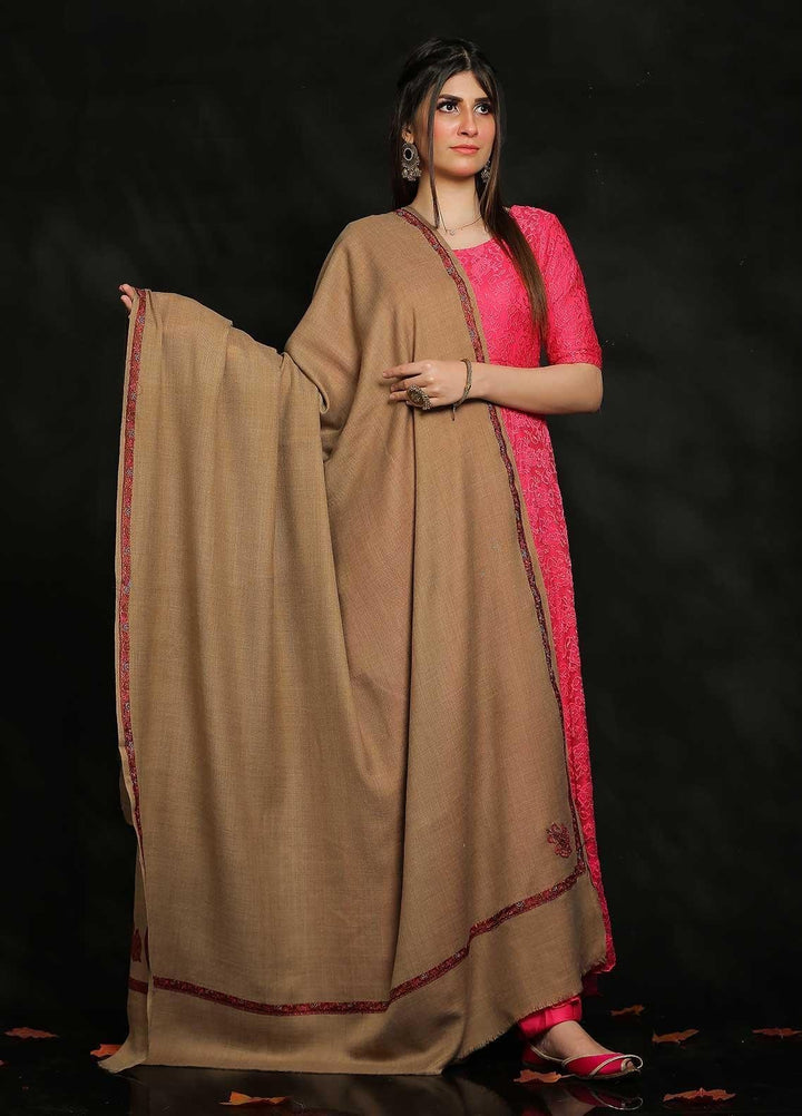 Sanaulla Exclusive Range Embroidered Pashmina  Shawl AKP-09 Fawn-1 - Pashmina Shawls