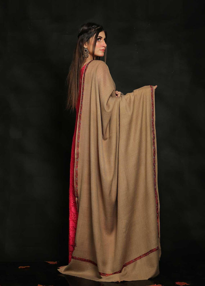 Sanaulla Exclusive Range Embroidered Pashmina  Shawl AKP-09 Fawn-1 - Pashmina Shawls