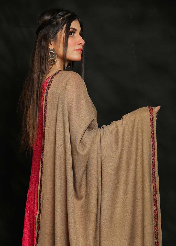 Sanaulla Exclusive Range Embroidered Pashmina  Shawl AKP-09 Fawn-1 - Pashmina Shawls