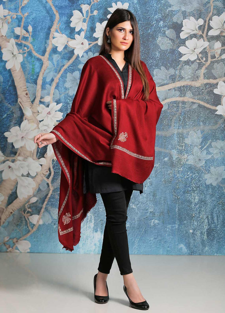 Sanaulla Exclusive Range Embroidered Pashmina  Shawl SU21PP AKP-09 Maroon - Pure Pashmina Shawls