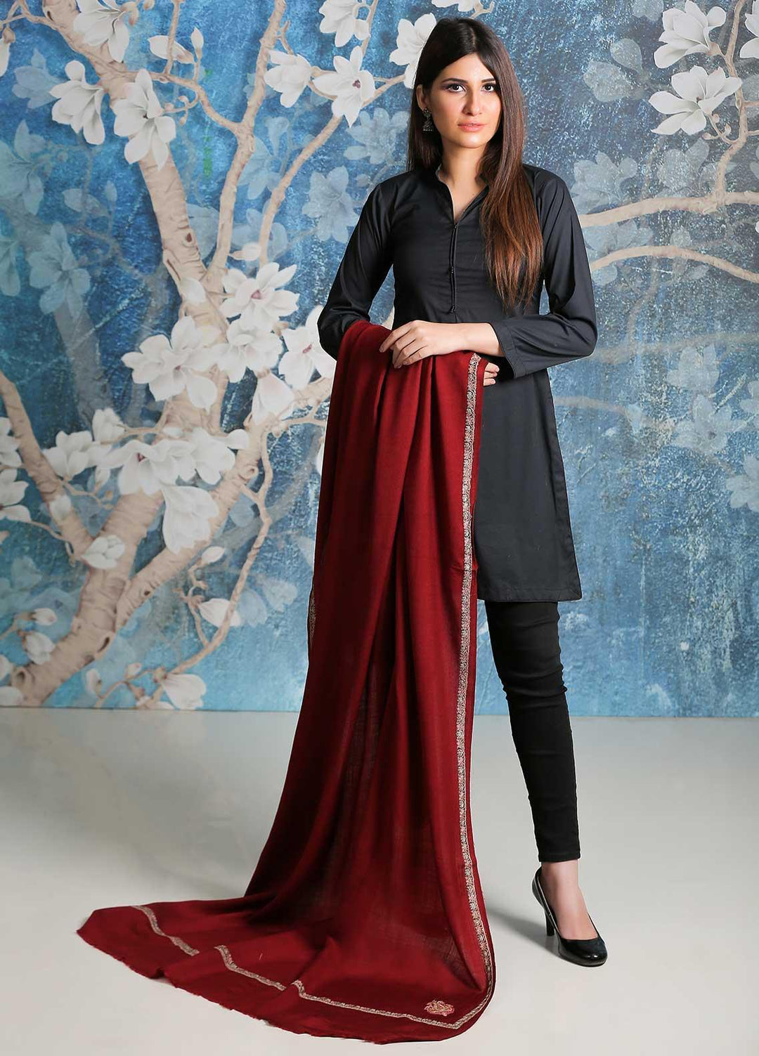 Sanaulla Exclusive Range Embroidered Pashmina  Shawl SU21PP AKP-09 Maroon - Pure Pashmina Shawls