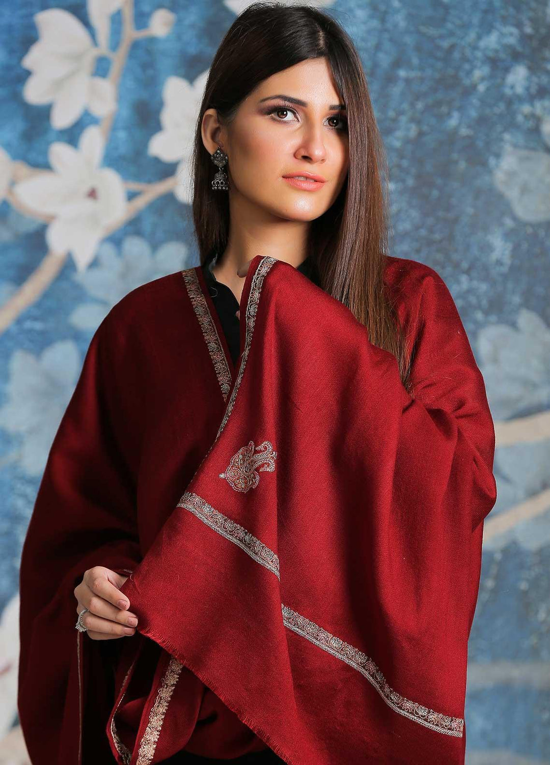 Sanaulla Exclusive Range Embroidered Pashmina  Shawl SU21PP AKP-09 Maroon - Pure Pashmina Shawls