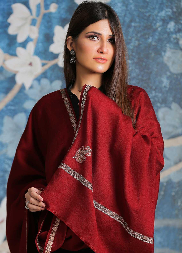 Sanaulla Exclusive Range Embroidered Pashmina  Shawl SU21PP AKP-09 Maroon - Pure Pashmina Shawls