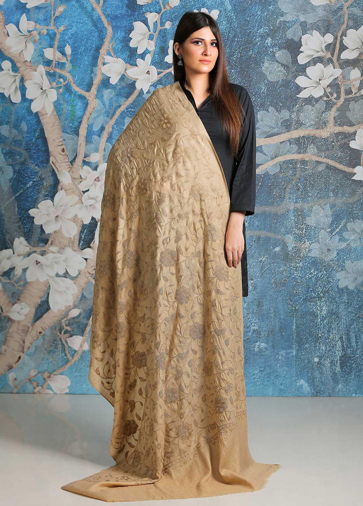 Sanaulla Exclusive Range Embroidered Pashmina  Shawl SU21PP AKP-10 Beige-1 - Pure Pashmina Shawls