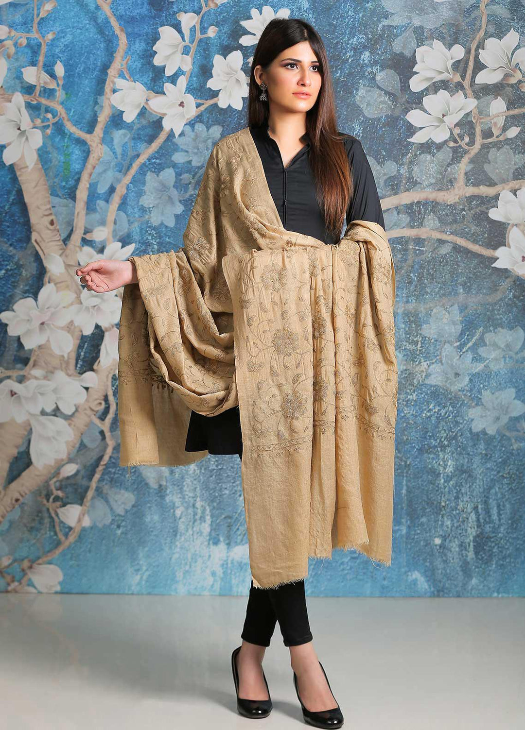 Sanaulla Exclusive Range Embroidered Pashmina  Shawl SU21PP AKP-10 Beige-1 - Pure Pashmina Shawls