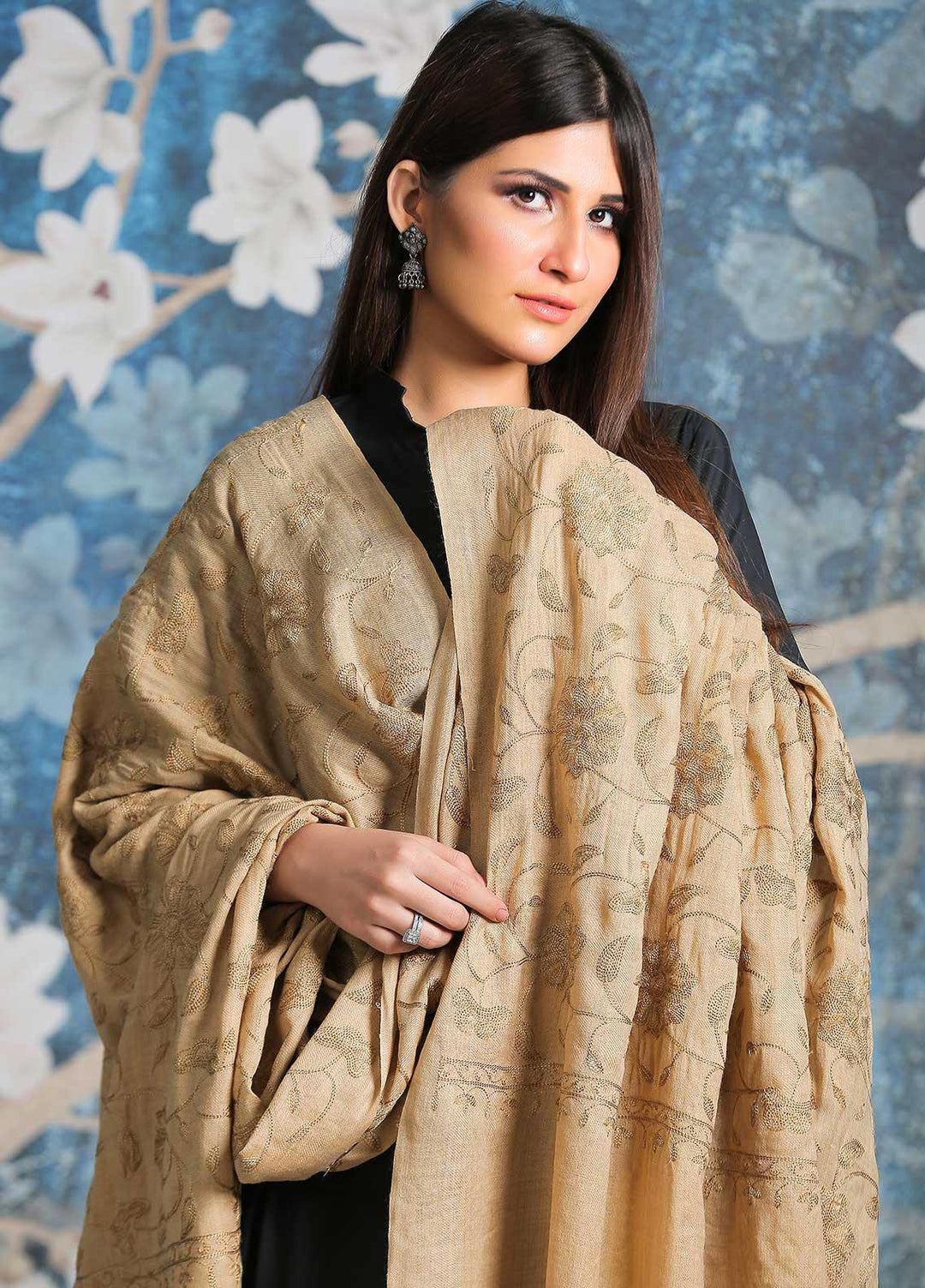 Sanaulla Exclusive Range Embroidered Pashmina  Shawl SU21PP AKP-10 Beige-1 - Pure Pashmina Shawls