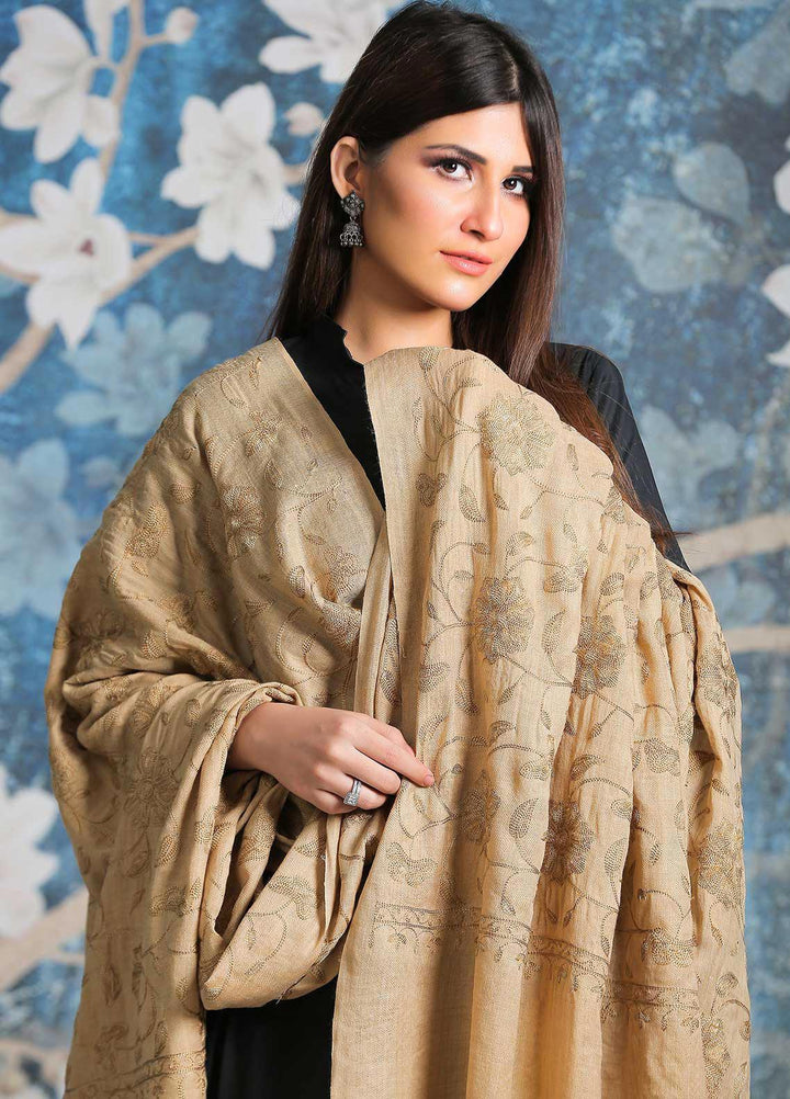 Sanaulla Exclusive Range Embroidered Pashmina  Shawl SU21PP AKP-10 Beige-1 - Pure Pashmina Shawls