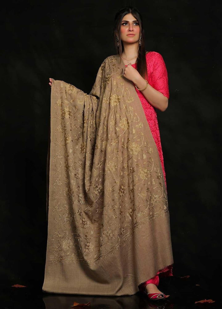 Sanaulla Exclusive Range Embroidered Pashmina  Shawl AKP-10 Beige-3 - Pashmina Shawls