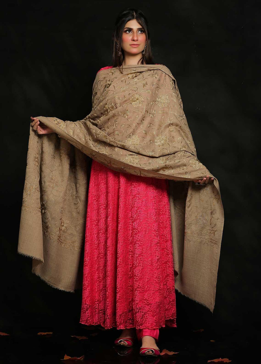Sanaulla Exclusive Range Embroidered Pashmina  Shawl AKP-10 Beige-3 - Pashmina Shawls