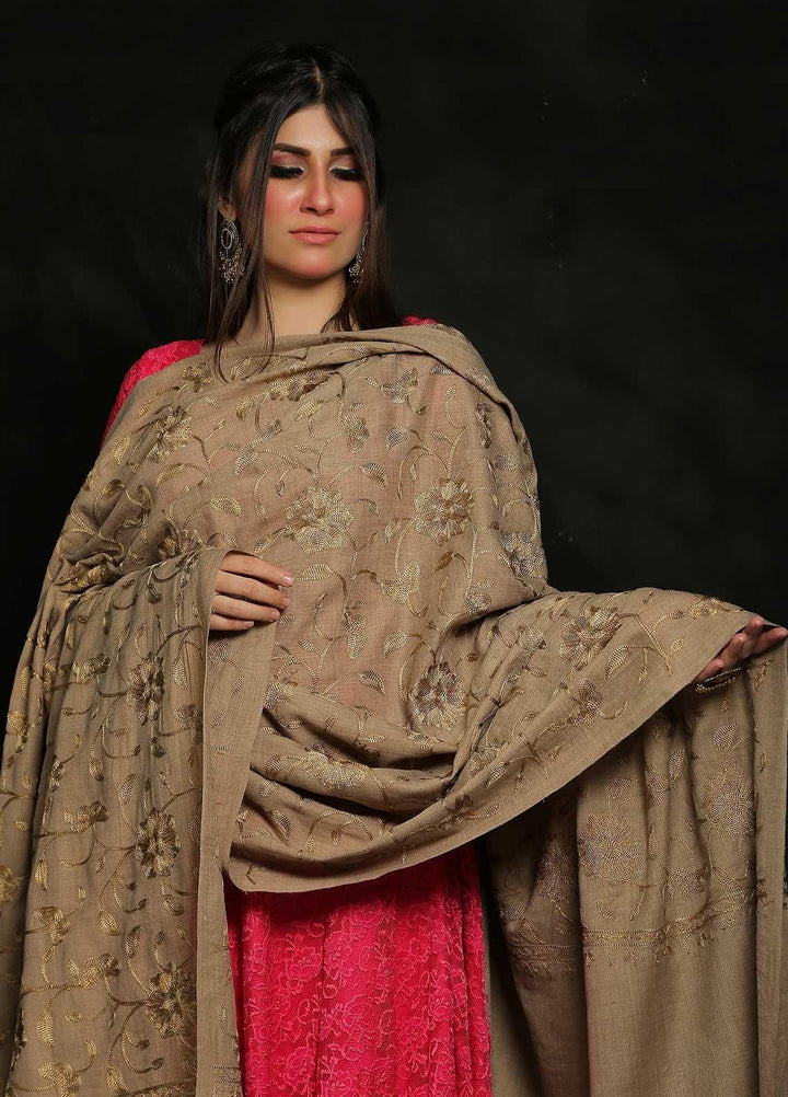 Sanaulla Exclusive Range Embroidered Pashmina  Shawl AKP-10 Beige-3 - Pashmina Shawls