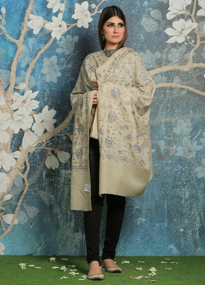 Sanaulla Exclusive Range Embroidered Pashmina  Shawl AKP-10 Beige-6 - Pashmina Shawls