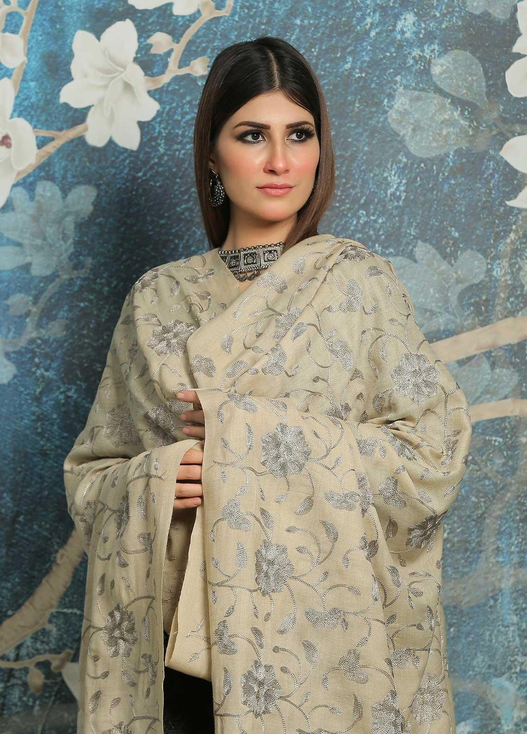 Sanaulla Exclusive Range Embroidered Pashmina  Shawl AKP-10 Beige-6 - Pashmina Shawls