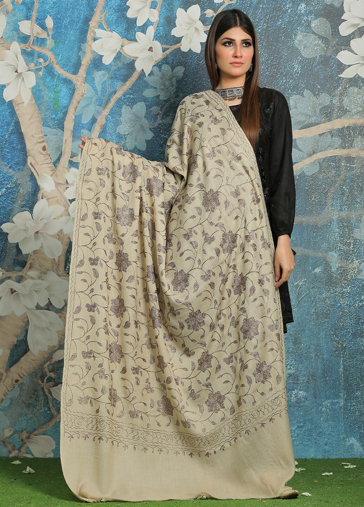 Sanaulla Exclusive Range Embroidered Pashmina  Shawl AKP-10 Beige-9 - Pashmina Shawls