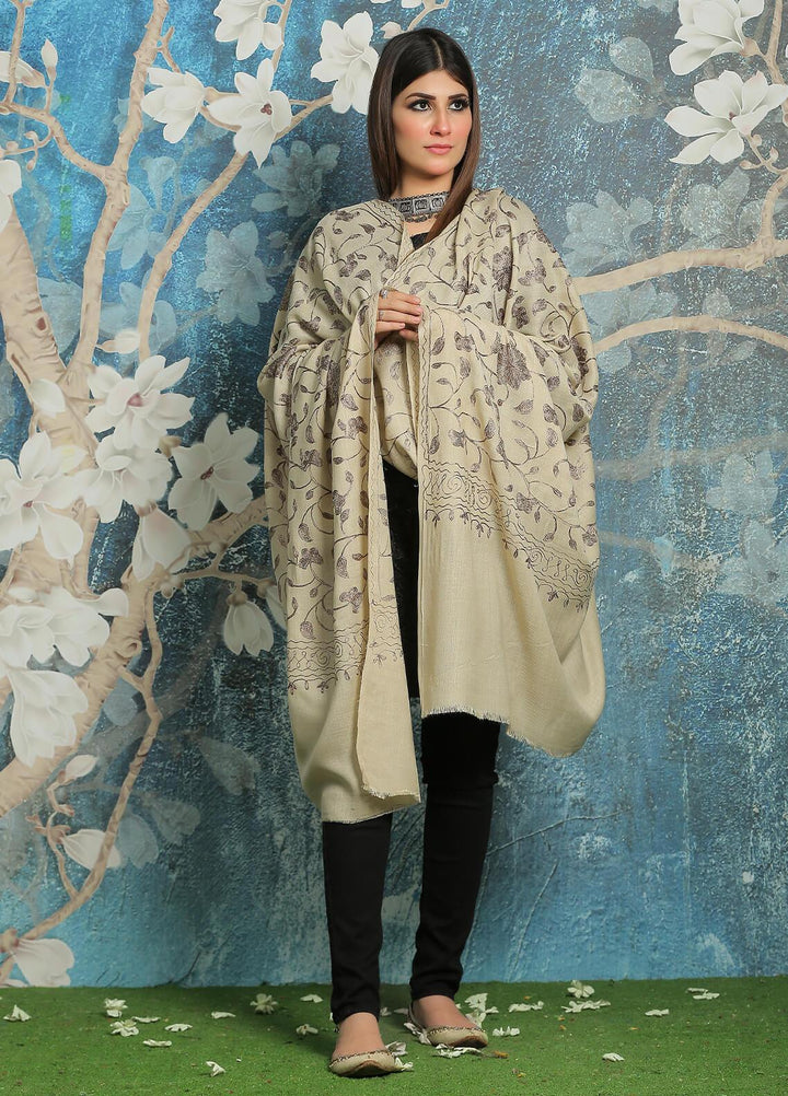 Sanaulla Exclusive Range Embroidered Pashmina  Shawl AKP-10 Beige-9 - Pashmina Shawls