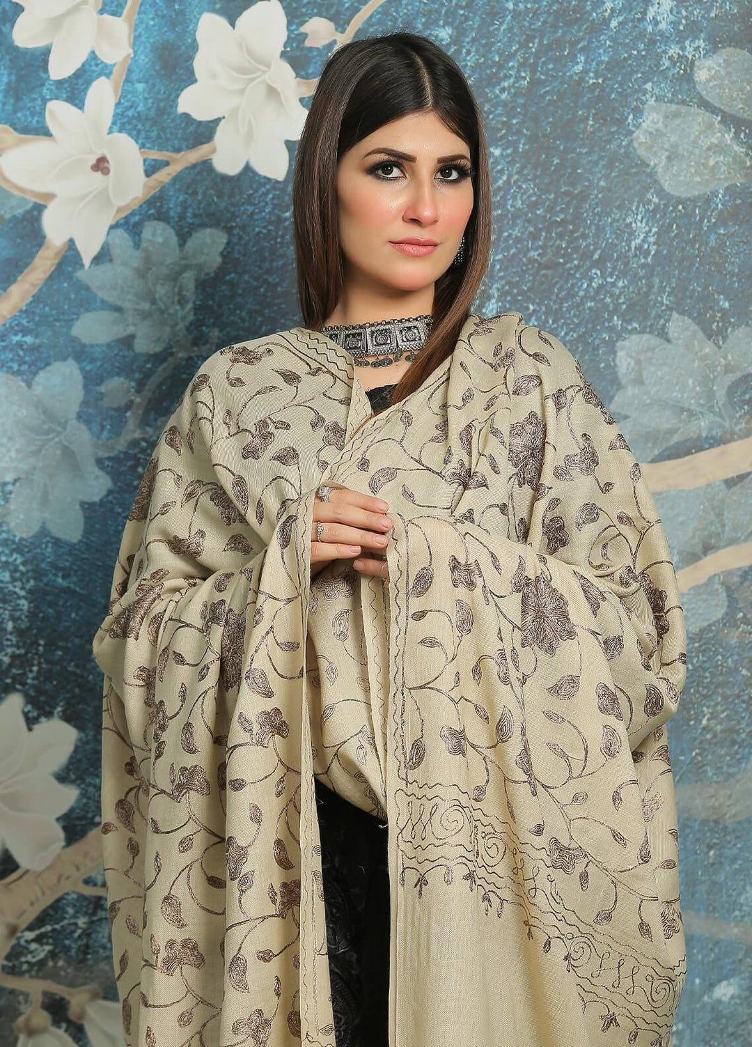 Sanaulla Exclusive Range Embroidered Pashmina  Shawl AKP-10 Beige-9 - Pashmina Shawls