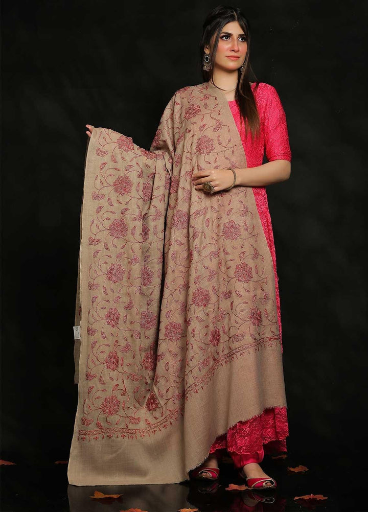 Sanaulla Exclusive Range Embroidered Pashmina  Shawl AKP-10 Brown-3 - Pashmina Shawls