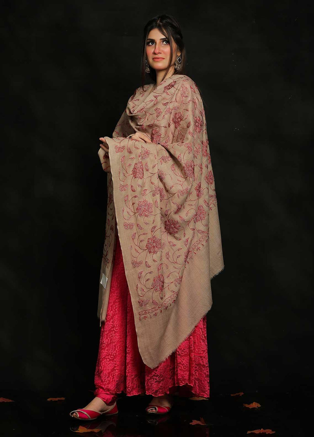 Sanaulla Exclusive Range Embroidered Pashmina  Shawl AKP-10 Brown-3 - Pashmina Shawls