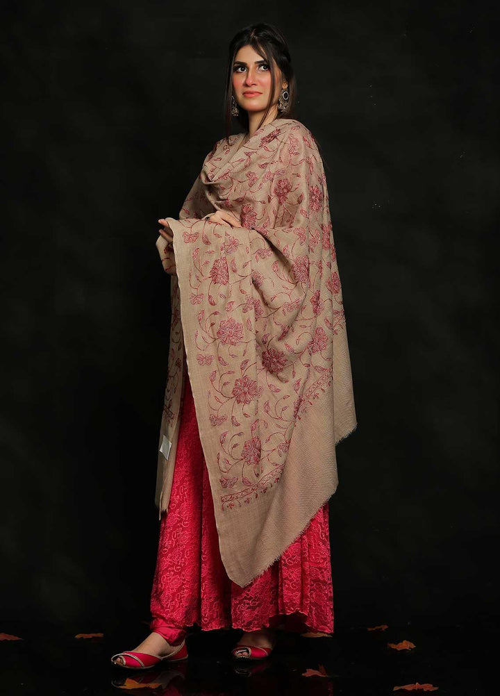 Sanaulla Exclusive Range Embroidered Pashmina  Shawl AKP-10 Brown-3 - Pashmina Shawls